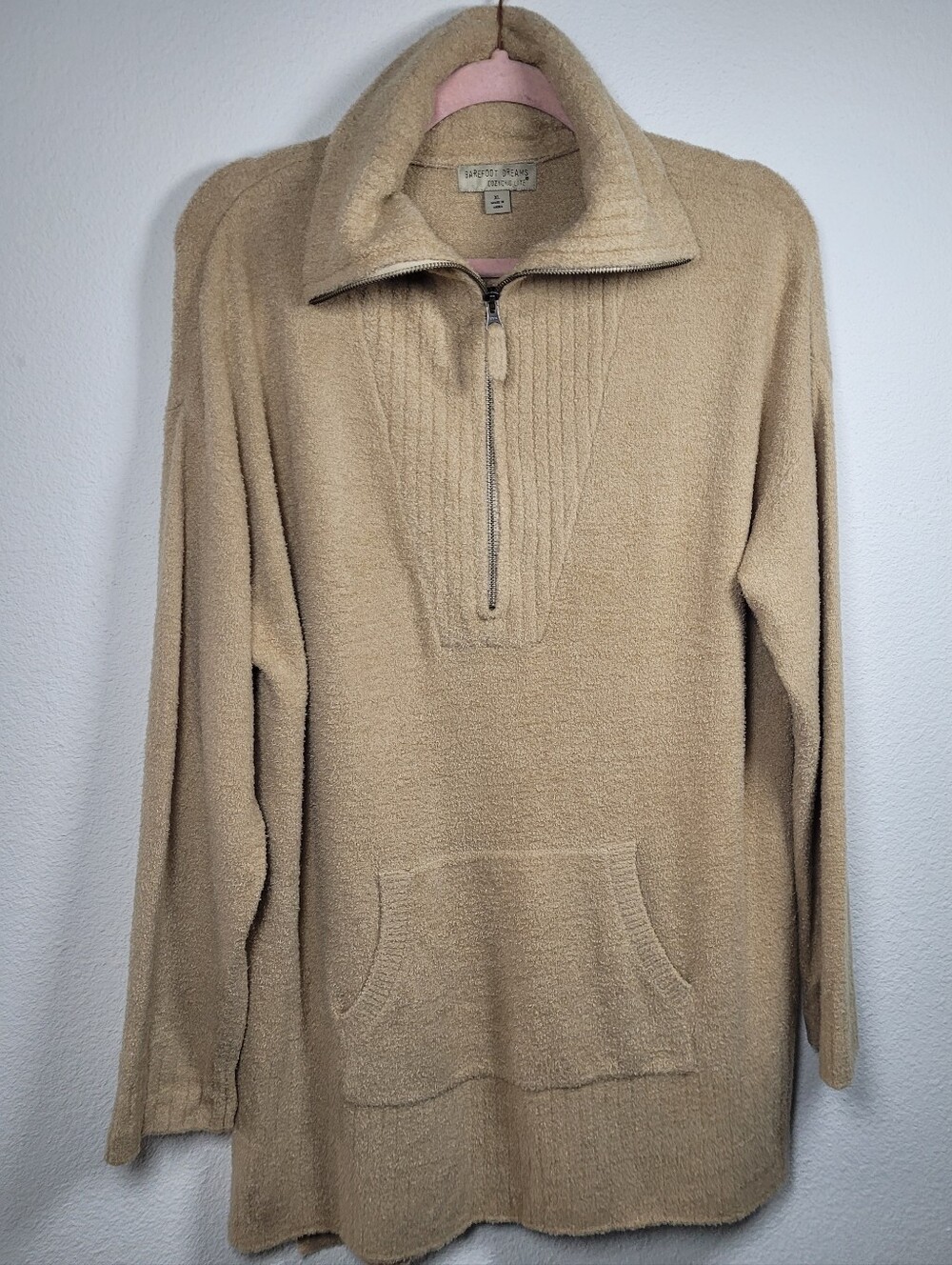 Barefoot Dreams CozyChic Lite Half Zip Tunic Sweater Tan Beige Pocket XL Fall